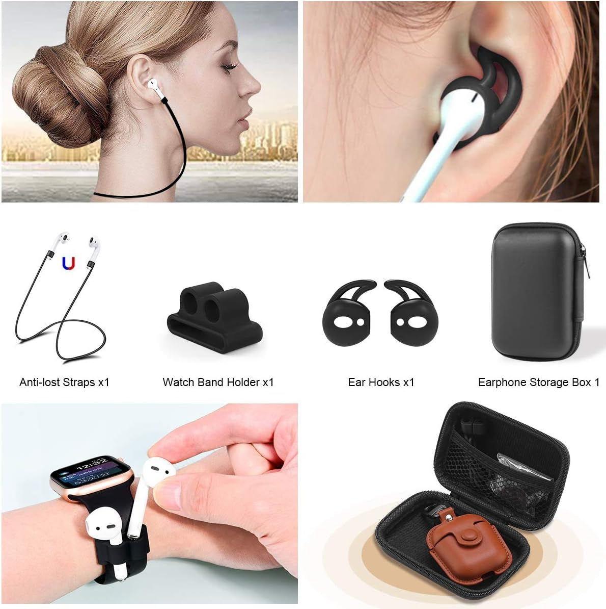 for Airpods Case Cover, Airpods 2 Case Leather Gen 2 Protective Cover with Keychain/Ear Hooks/Airpods Strap/Watch Band Holder/Earpods Case Compatible with Apple Airpods 2Nd 1St Generation,Brown