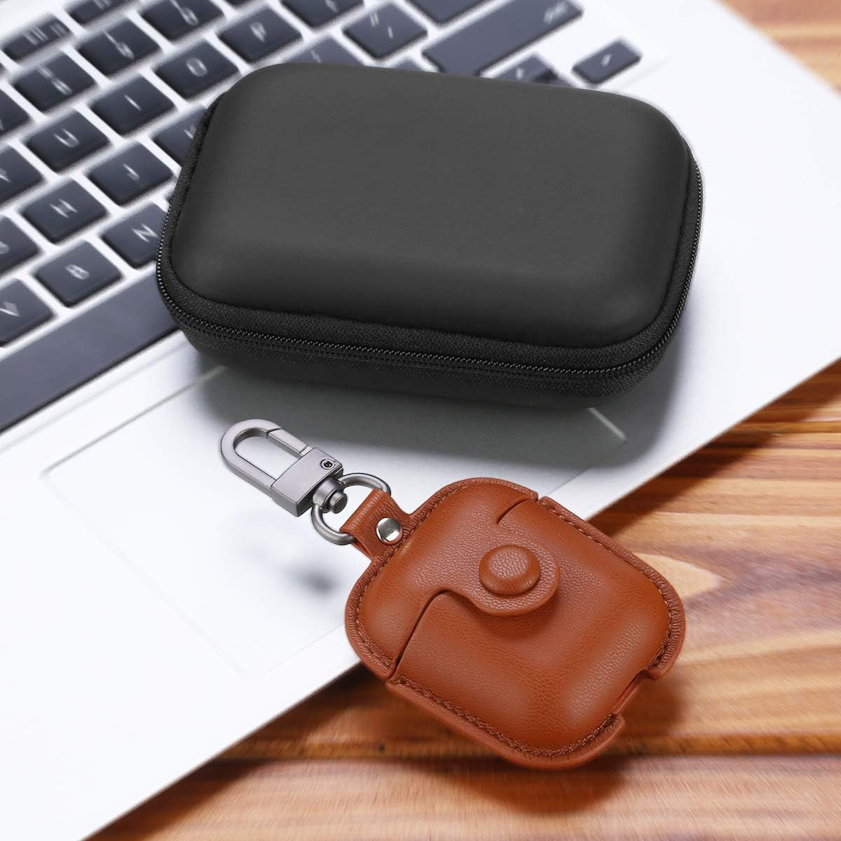 for Airpods Case Cover, Airpods 2 Case Leather Gen 2 Protective Cover with Keychain/Ear Hooks/Airpods Strap/Watch Band Holder/Earpods Case Compatible with Apple Airpods 2Nd 1St Generation,Brown
