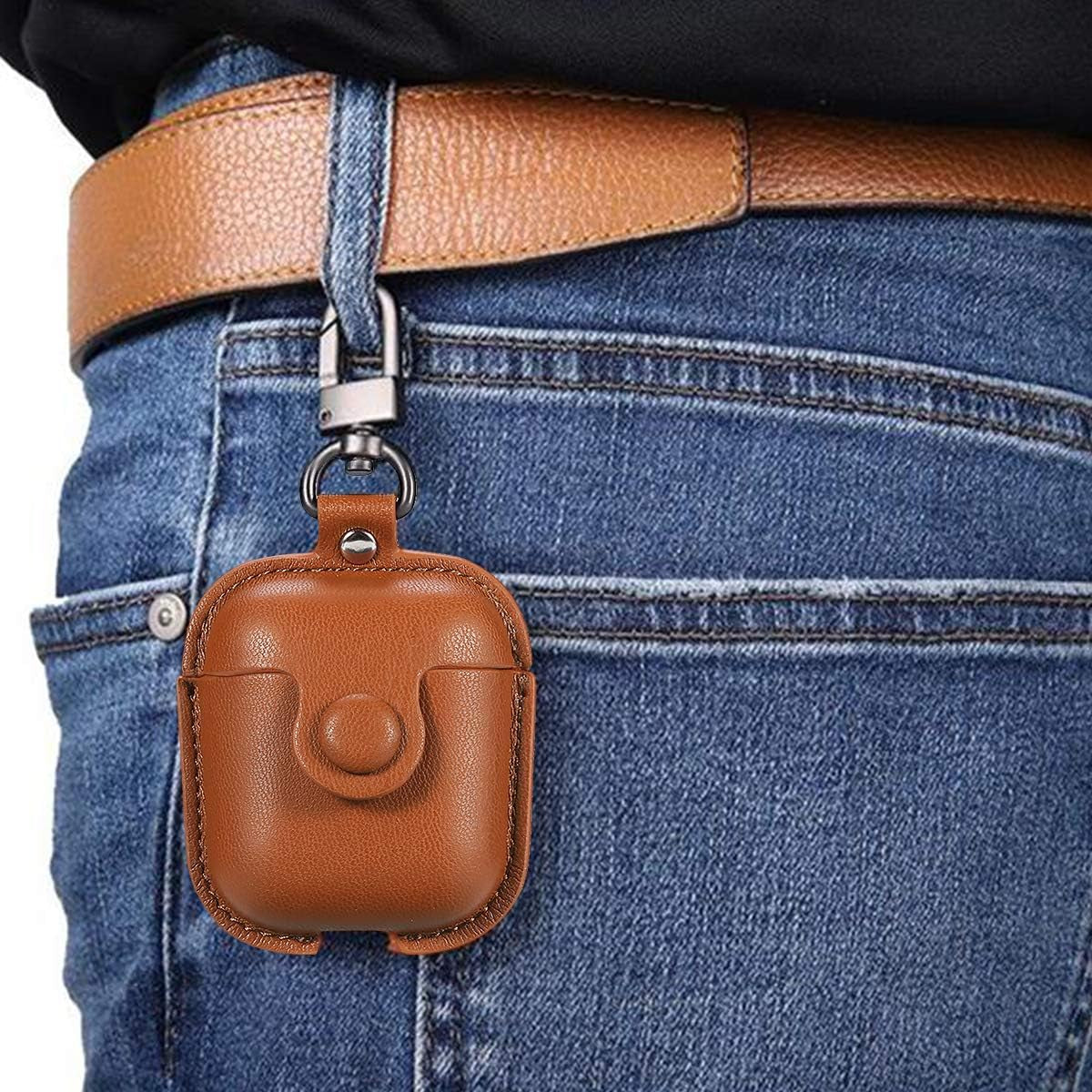for Airpods Case Cover, Airpods 2 Case Leather Gen 2 Protective Cover with Keychain/Ear Hooks/Airpods Strap/Watch Band Holder/Earpods Case Compatible with Apple Airpods 2Nd 1St Generation,Brown