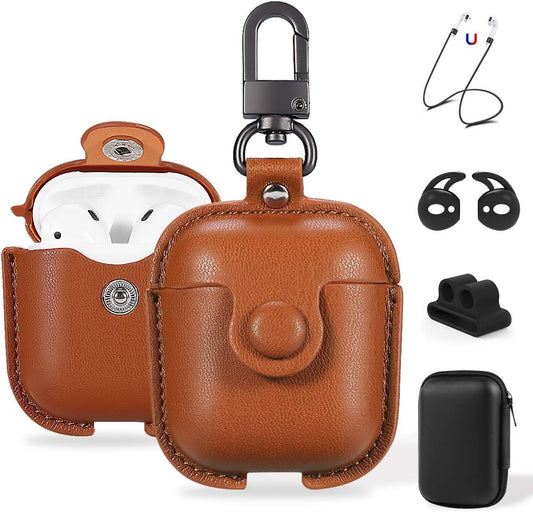for Airpods Case Cover, Airpods 2 Case Leather Gen 2 Protective Cover with Keychain/Ear Hooks/Airpods Strap/Watch Band Holder/Earpods Case Compatible with Apple Airpods 2Nd 1St Generation,Brown