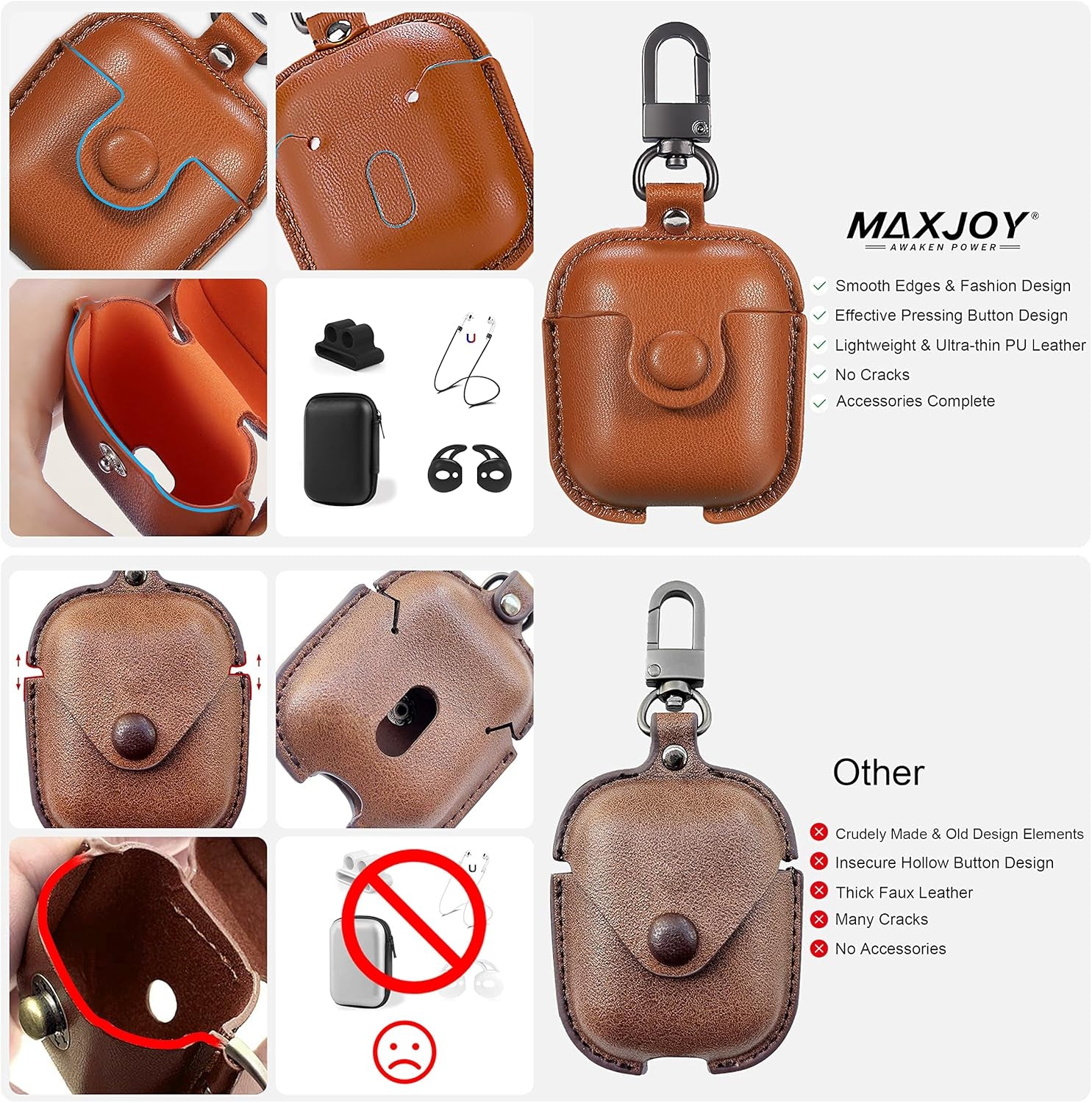 for Airpods Case Cover, Airpods 2 Case Leather Gen 2 Protective Cover with Keychain/Ear Hooks/Airpods Strap/Watch Band Holder/Earpods Case Compatible with Apple Airpods 2Nd 1St Generation,Brown