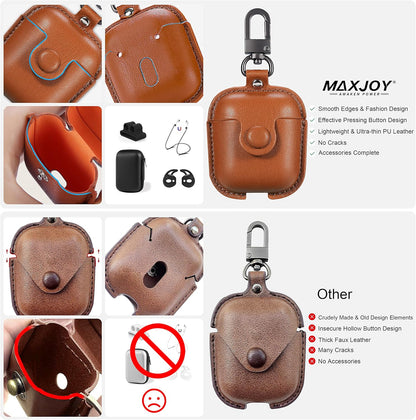 for Airpods Case Cover, Airpods 2 Case Leather Gen 2 Protective Cover with Keychain/Ear Hooks/Airpods Strap/Watch Band Holder/Earpods Case Compatible with Apple Airpods 2Nd 1St Generation,Brown
