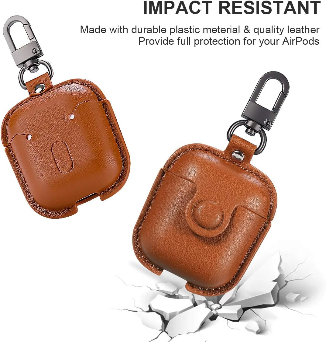 for Airpods Case Cover, Airpods 2 Case Leather Gen 2 Protective Cover with Keychain/Ear Hooks/Airpods Strap/Watch Band Holder/Earpods Case Compatible with Apple Airpods 2Nd 1St Generation,Brown